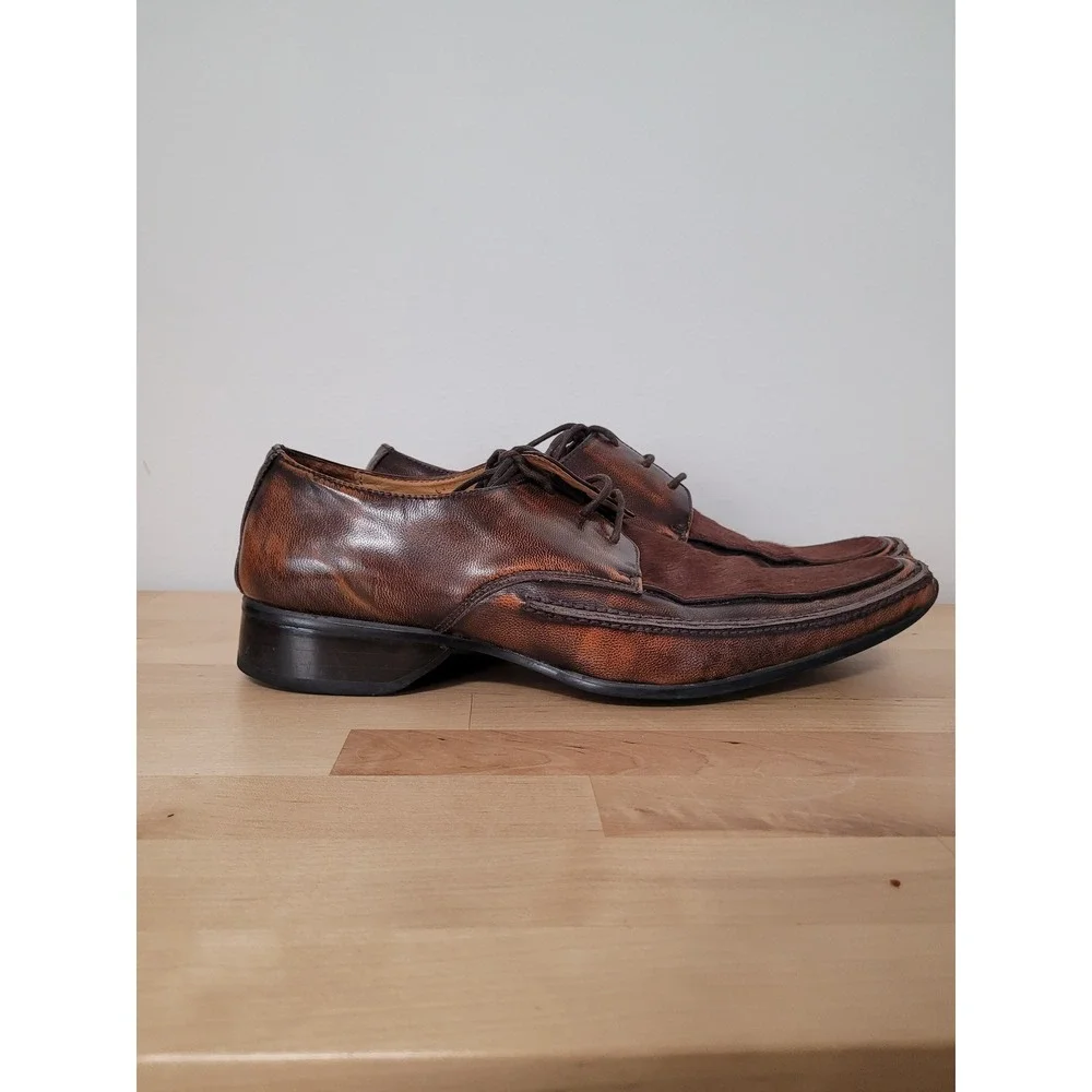 Moretti Dress Shoes Mens 11 Brown Leather Pony Hair Square Toe Oxfords F515